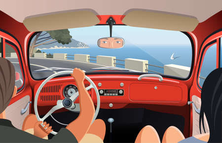 Young couple tavelling on coast road in retro carのイラスト素材