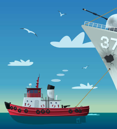 Tugboat pulling damaged navy shipのイラスト素材
