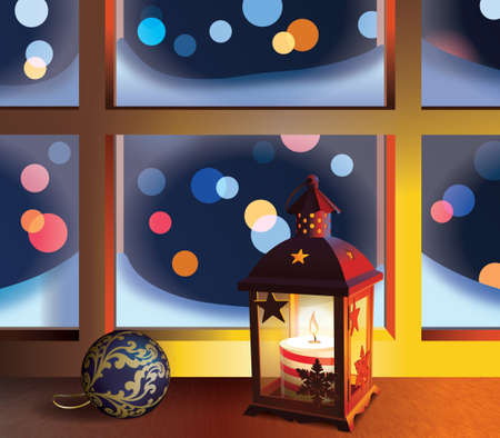 Christmas lantern and ball on window.Winter nightのイラスト素材
