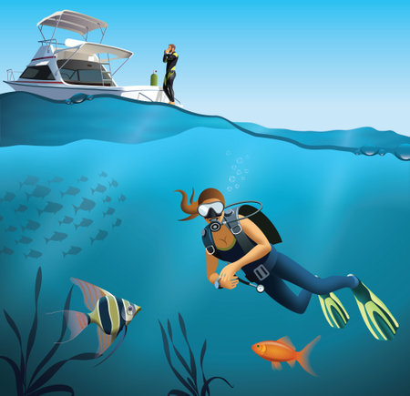 Underwater world and diving sceneのイラスト素材