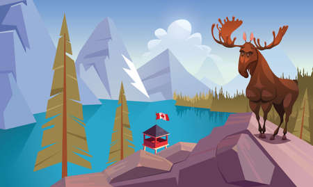 Moose and Canadian National Park landmark sceneのイラスト素材