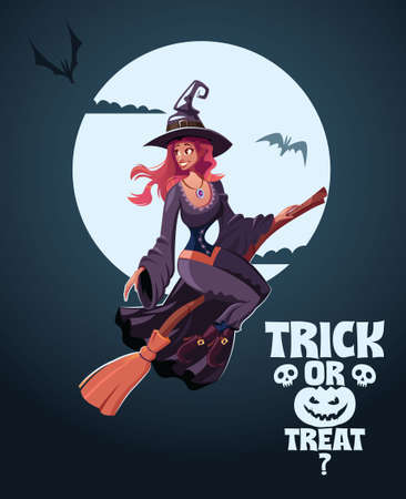 Witch flies on a broom for Halloween night vector illustrationのイラスト素材