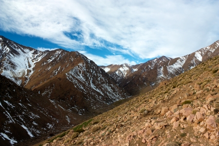 Mountains of High Atlas with snow, rocks and valleyの写真素材