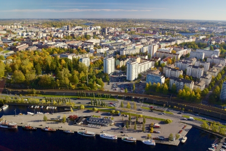 View of Tampere with marina from television tower Nasinneulaの写真素材