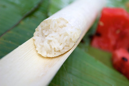 Close-up of sticky rice in bambooの写真素材