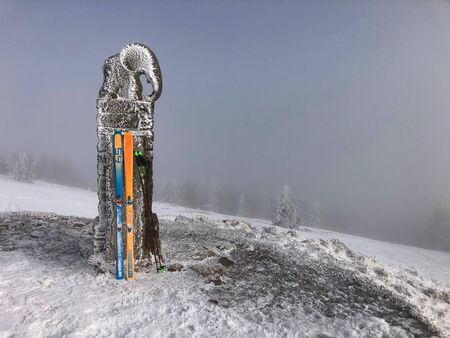 Sculpture of small elephant and ski on the top of the mountain in winterの写真素材