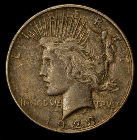 Square crop of a 1923 liberty silver dollar tarnished banlyの写真素材