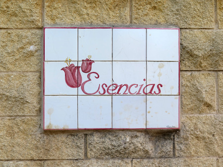 Tiled name plate at disused perfume factory near Alora, Andaluciaのeditorial素材