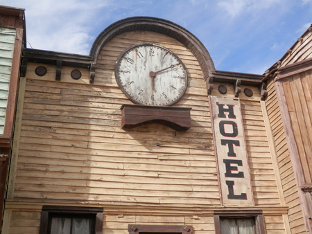 Wooden Hotel building in Fort Bravo Film Set, Tabernas Desert, Almeria, Spainのeditorial素材