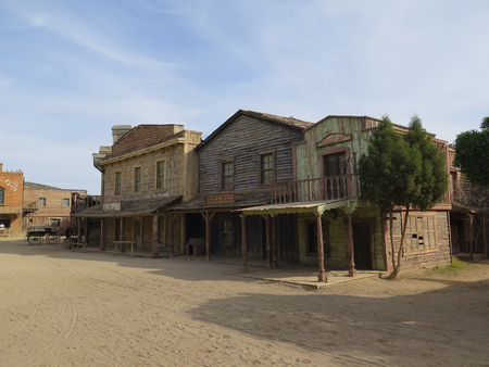 FORT BRAVO SPAIN - JANUARY 23RD. Wooden Buildings lining street in Fort Bravo Film Set Tabernas Desert . Fort Bravo, Spain January 23rd 2016.のeditorial素材