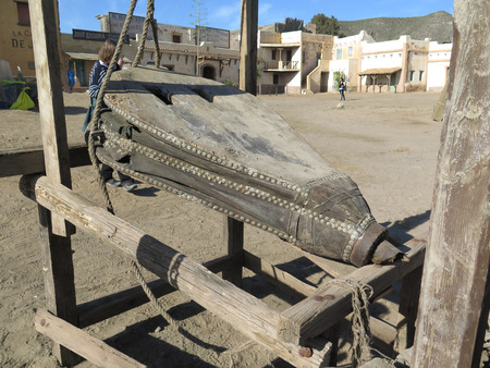 FORT BRAVO SPAIN - JANUARY 23RD. Large blacksmith bellows in Fort Bravo Film Set Tabernas Desert. Fort Bravo, Spain January 23rd 2016.のeditorial素材