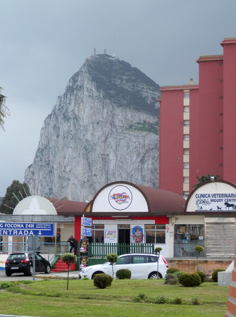 La Linea, Spain - February 2, 2016: View of rock of Gibraltar from La Linea Shopping Center on Borderのeditorial素材