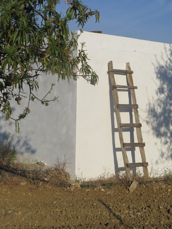 Homemade ladder leaning against white wall in Andalusian countrysideの写真素材