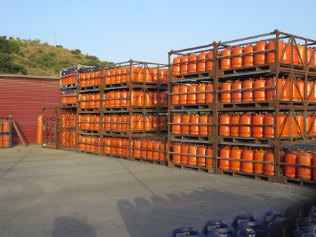 Alora, Spain - July 18. 2017: Butane gas bottles at depot in Andalusian countrysideのeditorial素材