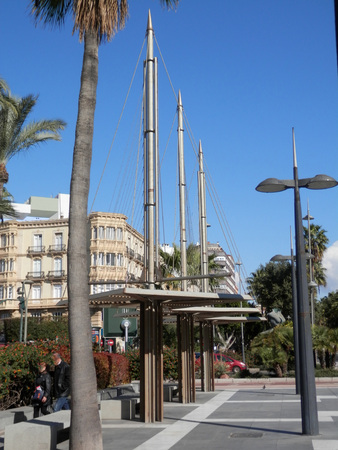 Almeria, Spain - February 8, 2018: Three tall Sailboat sculptures on famous Ramla pedestrian walk