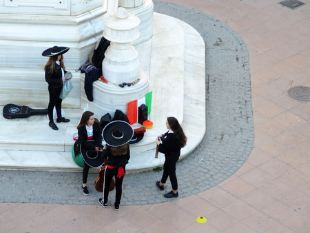Almeria, Spain - February 8, 2018: Girl Mariachi band in town square getting ready for carnivalのeditorial素材