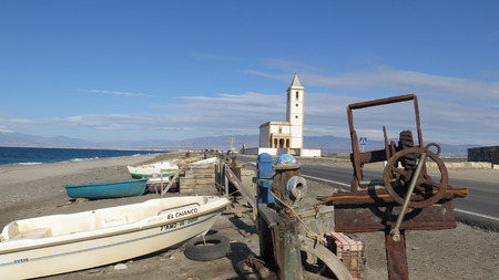 Almeria, Spain - February 11, 2018: Fishing boats on the beach at Cabo de Gata のeditorial素材