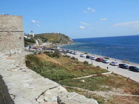 Tarifa, Spain - April 4, 2019: View of Tarifa castle and Strait of Gibraltarのeditorial素材