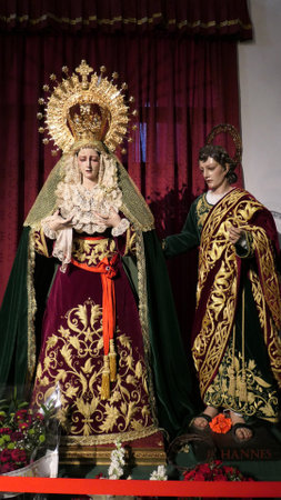 Alora, Spain - April 2, 2021: Religious figures on display in parish church on Good Friday