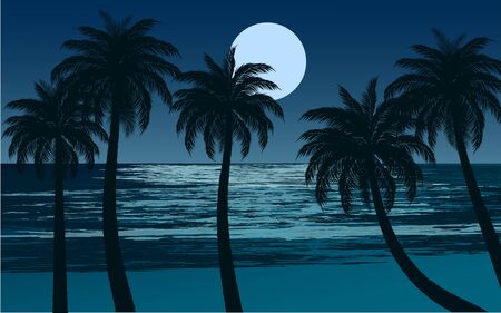 Night Scene In Tropical Beach With Full Moon Royalty Free Vector Graphics