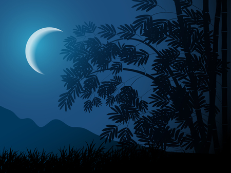 night landscape with bamboo and moonのイラスト素材
