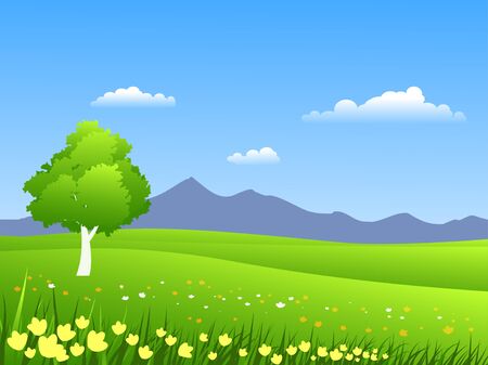green grassland with mountainのイラスト素材