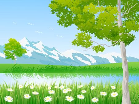 river at mountain with flowery green meadowのイラスト素材