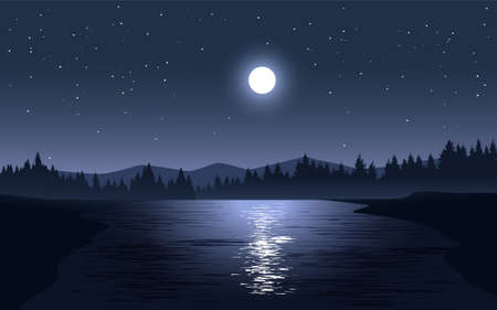 Night time with full moon over the riverのイラスト素材