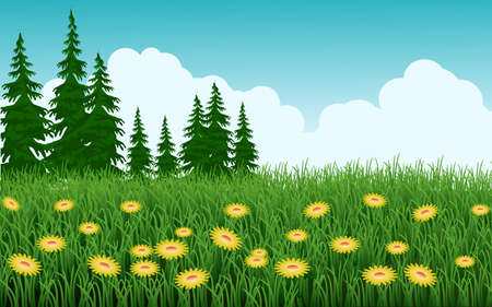 Grass field with pine trees landscapeのイラスト素材