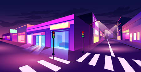 City streets at night with shops and crossのイラスト素材
