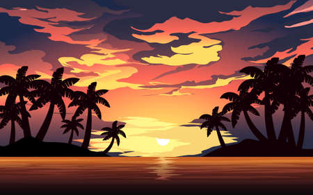 Island in sunset landscape with palm tree silhouetteのイラスト素材