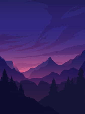 Landscape with mountains and forest with pine trees in silhouetteのイラスト素材