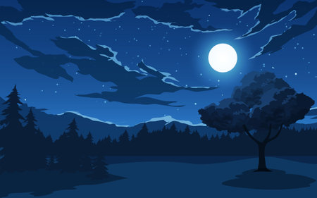 Beautiful landscape in the moonlight. Full moon over forestのイラスト素材