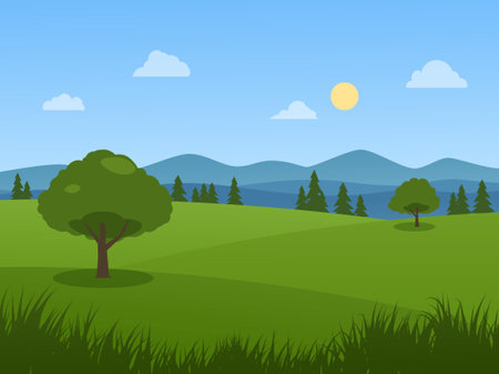 Nature landscape with trees and meadow in sunny dayのイラスト素材