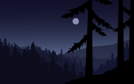 Pine forest night landscape with moonのイラスト素材