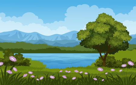 Beautiful nature landscape with mountain, lake, tree and meadowのイラスト素材