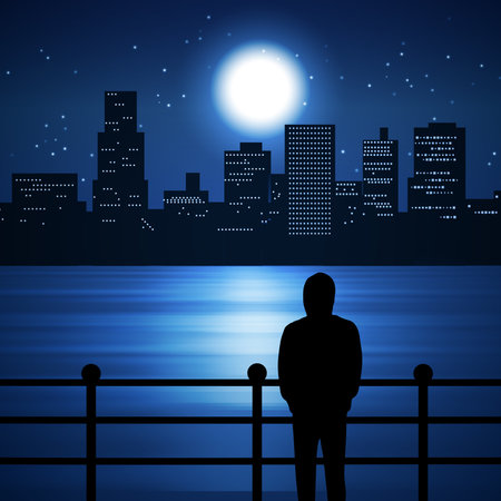 City at night with pier on riverのイラスト素材