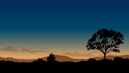 Lone big tree silhouette at sunset. Sunset sky backgroundのイラスト素材