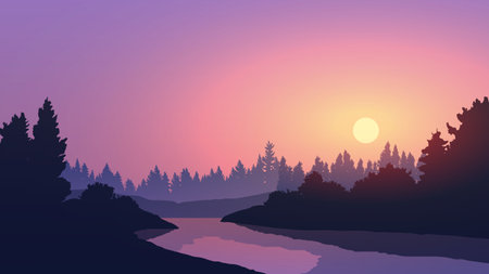 Vector calm sunset in forest with riverのイラスト素材
