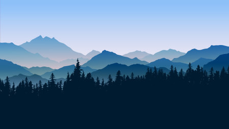 Mountain landscape illustration with fog and pine forestのイラスト素材