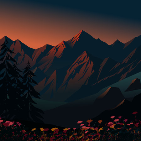 Mountain landscape with forest, grass and flowers at sunset. Vector illustrationのイラスト素材