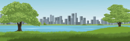 Cityscape with a lake and a tree. Vector illustration in flat styleの写真素材