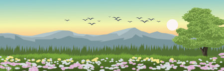 Vector illustration of a landscape with flowers, mountains, trees and birdsのイラスト素材