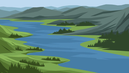 Beautiful landscape with lake and mountains. Vector illustration in flat styleのイラスト素材
