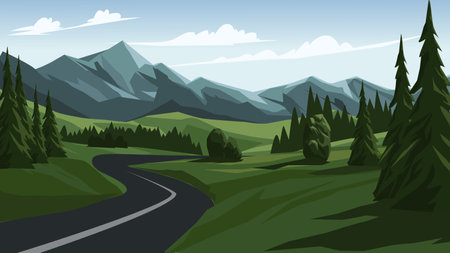 Landscape with mountains and road in flat style. Vector illustration.のイラスト素材