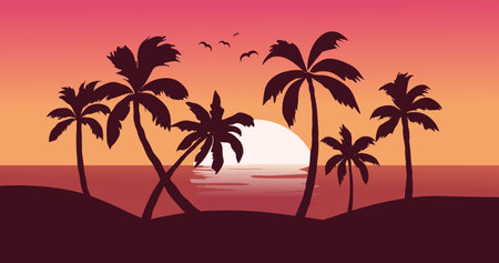 silhouette of palm trees on the beach at sunset, vector illustrationのイラスト素材