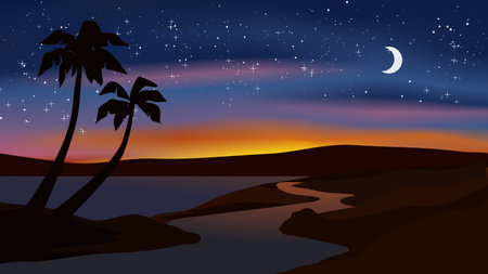 Night landscape with palm trees and a river. Vector illustration in flat style.のイラスト素材