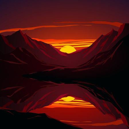 Sunset in the mountains. Vector illustration of a mountain landscape.のイラスト素材