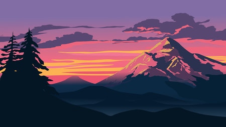 Mountains and forest at sunset. Landscape. Vector illustration.のイラスト素材