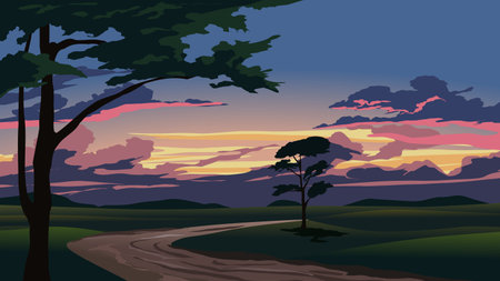 Beautiful sunset in the forest. Vector illustration, EPS 10.のイラスト素材